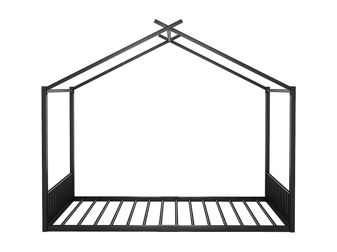 Lit cabane Lit 140x200 cm Lit plat Lit à cadre en fer Lit d'enfant Barre de maison Noir
