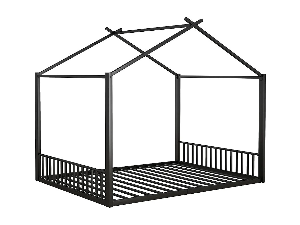 Lit cabane Lit 140x200 cm Lit plat Lit à cadre en fer Lit d'enfant Barre de maison Noir