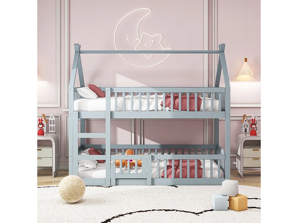 Lit cabane Lit superposé avec escalier 90x200 cm Lit familial  pour enfants Lit Loft Design en bois massif Gris