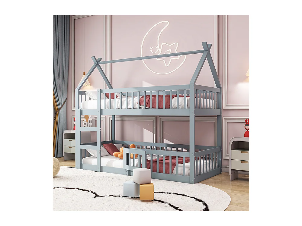 Lit cabane Lit superposé avec escalier 90x200 cm Lit familial  pour enfants Lit Loft Design en bois massif Gris