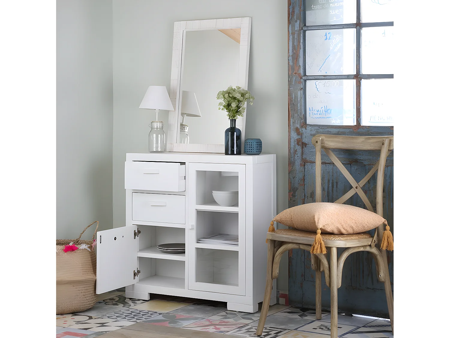 Meuble d'entrée en bois massif blanc 80x80