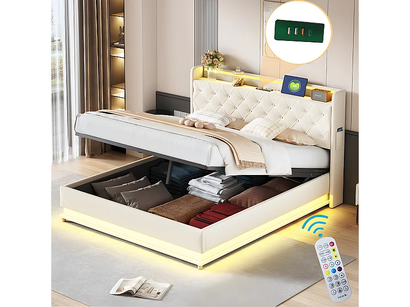 Lit coffre LED Lit double 160x200 cm avec chargeur USB et support hydraulique tissu lin doux pour la peau Beige