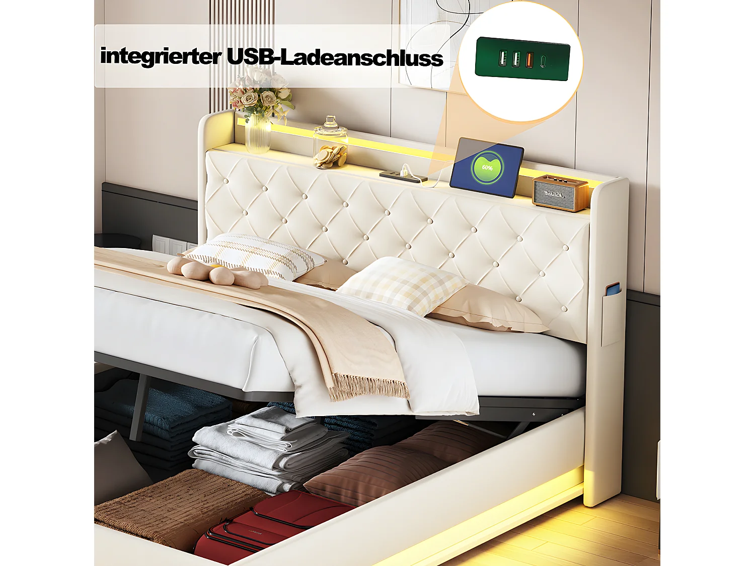 Lit coffre LED Lit double 160x200 cm avec chargeur USB et support hydraulique tissu lin doux pour la peau Beige