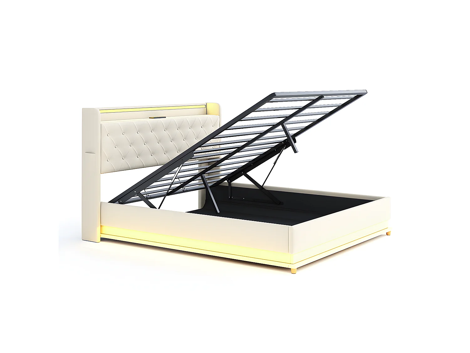 Lit coffre LED Lit double 160x200 cm avec chargeur USB et support hydraulique tissu lin doux pour la peau Beige