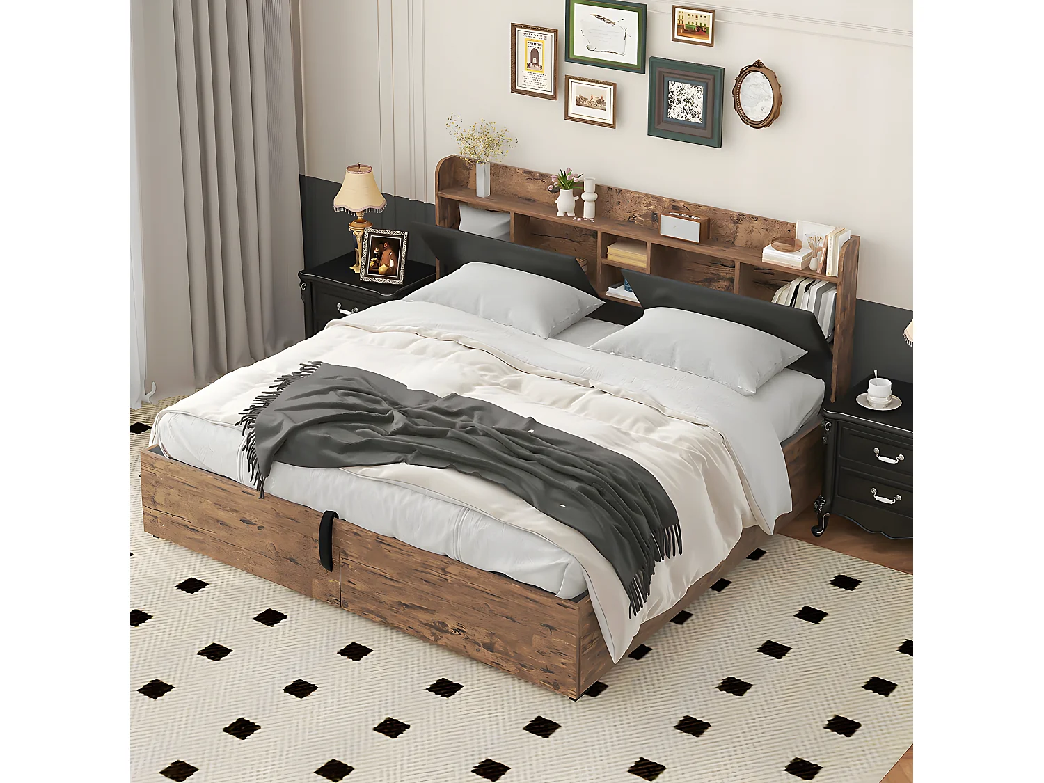 Lit coffre Lit 180 x 200 cm lit double avec tête de lit de rangement et sommier métallique Pour adultes enfants adolescents Noir