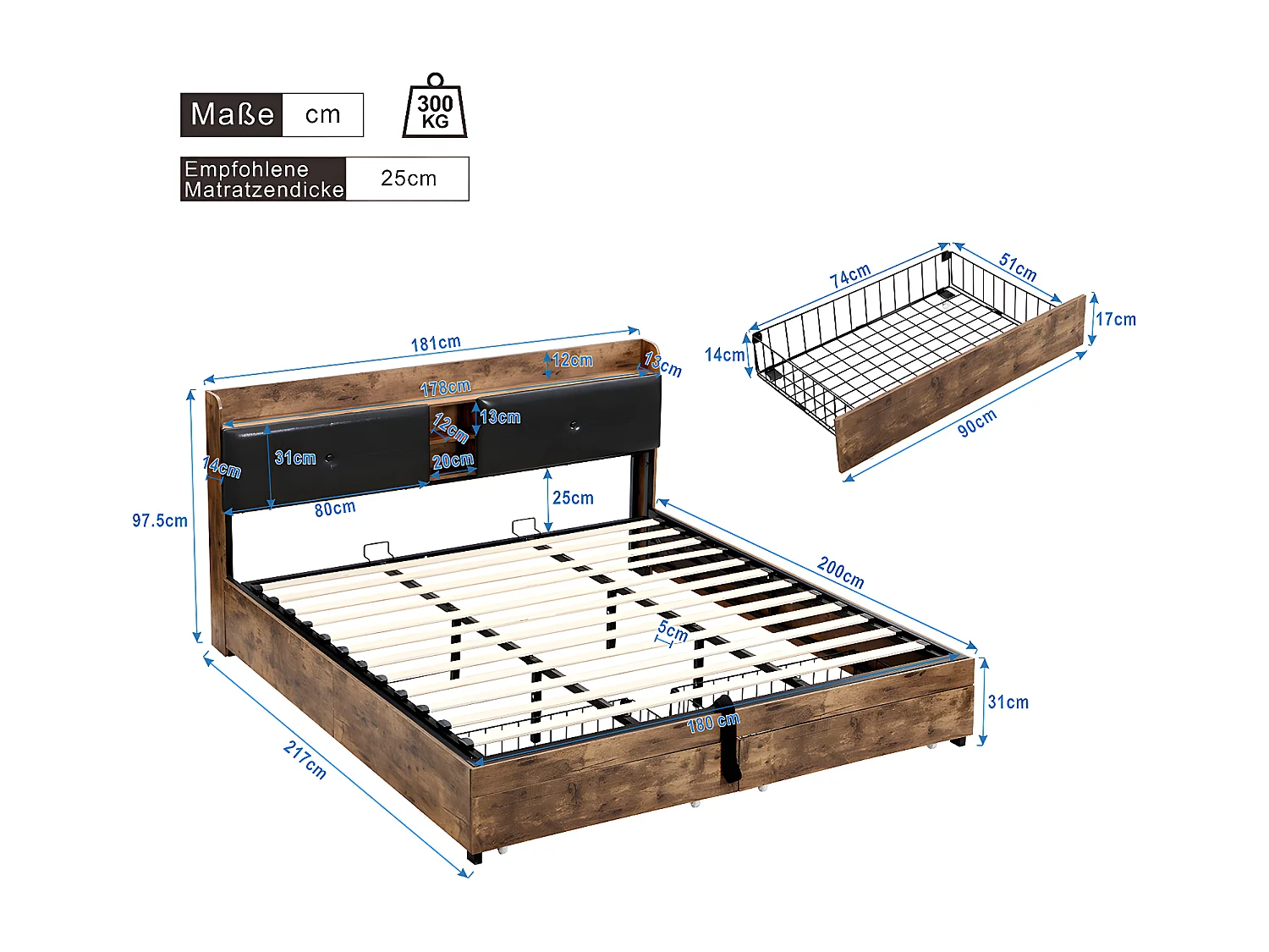 Lit coffre Lit 180 x 200 cm lit double avec tête de lit de rangement et sommier métallique Pour adultes enfants adolescents Noir