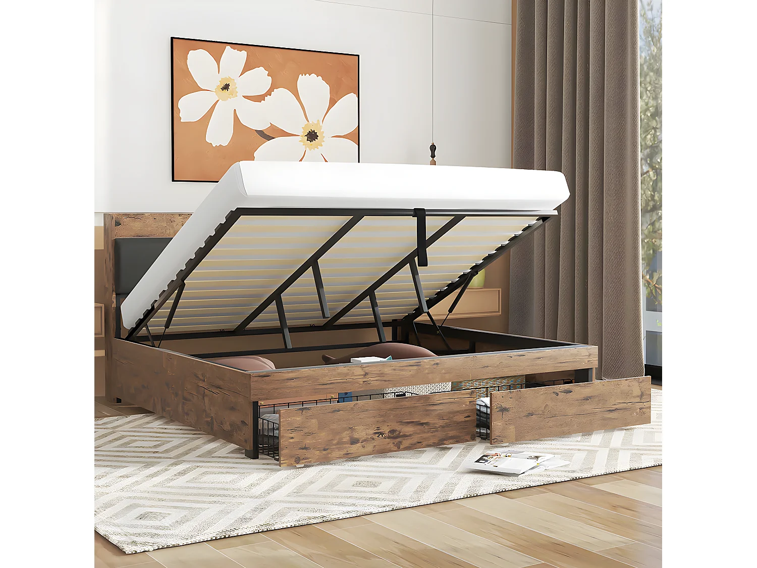 Lit coffre Lit 180 x 200 cm lit double avec tête de lit de rangement et sommier métallique Pour adultes enfants adolescents Noir