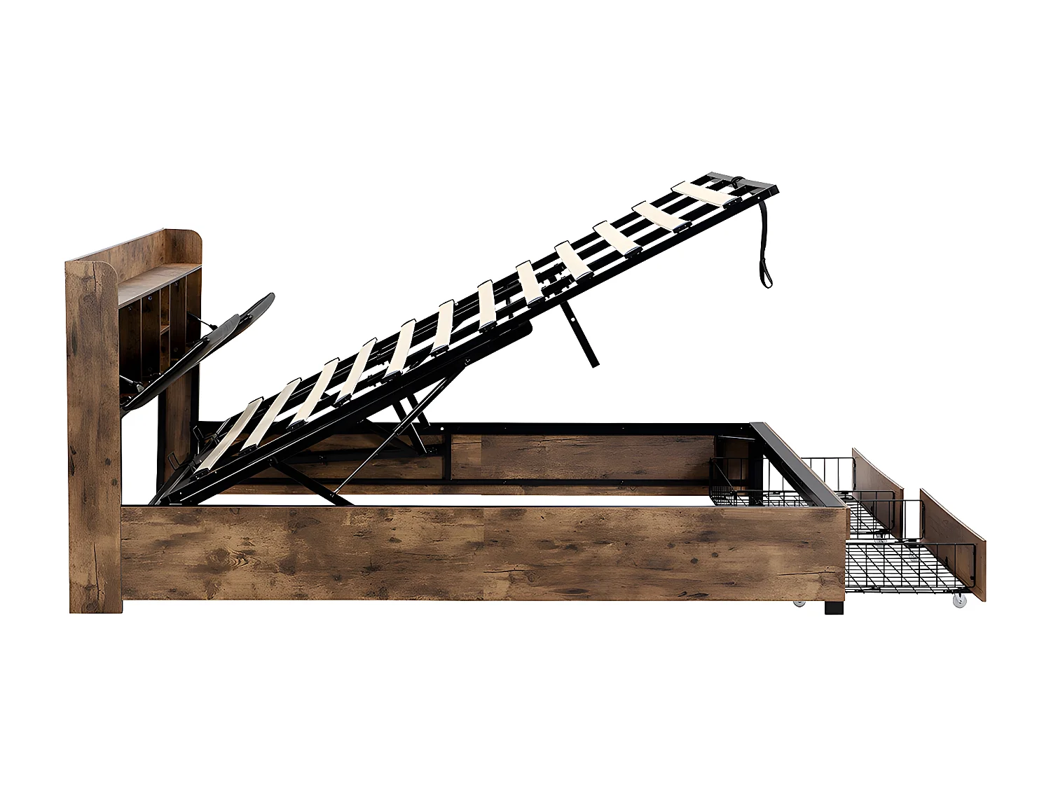 Lit coffre Lit 180 x 200 cm lit double avec tête de lit de rangement et sommier métallique Pour adultes enfants adolescents Noir