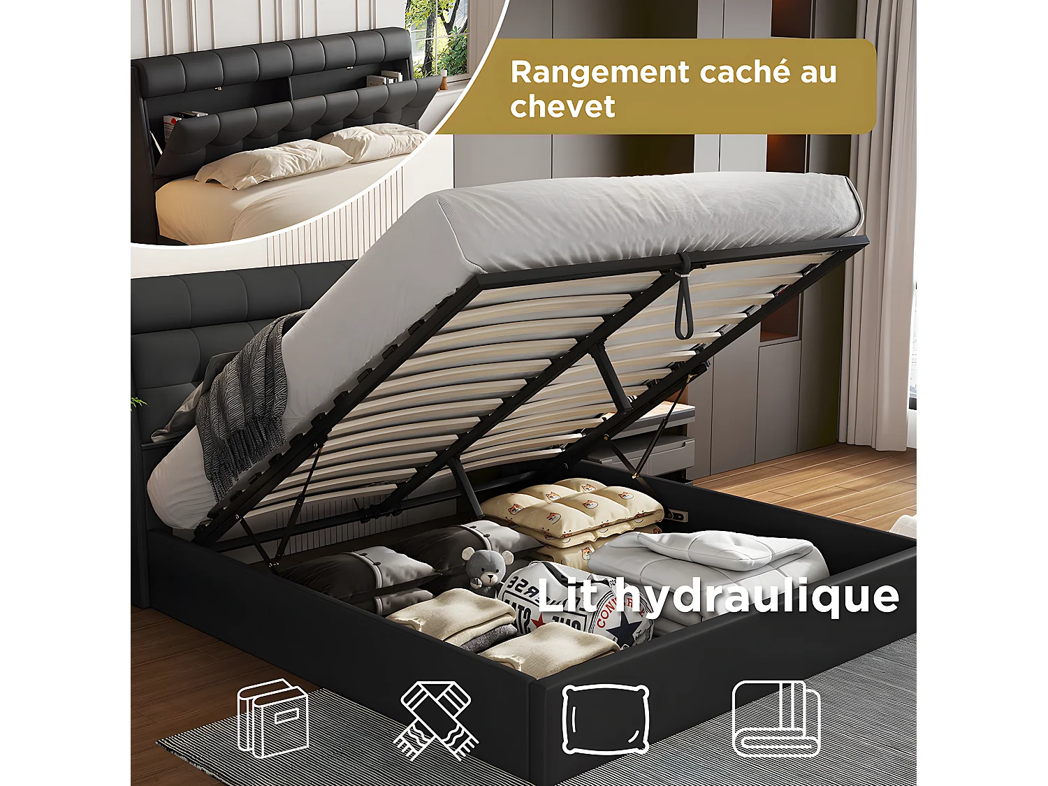 Lit coffre Lit 140x200 cm lit hydraulique rangement tête de lit caché avec sommier à lattes PU Noir