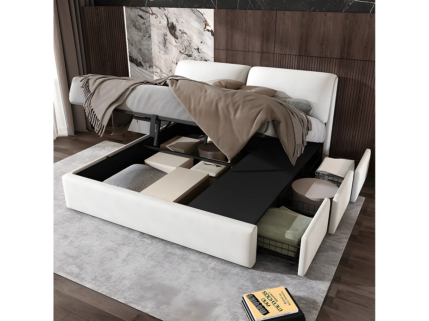 Lit coffre Lit 180x200 lit avec trois tiroirs sommier à lattes Lit adulte velours Beige