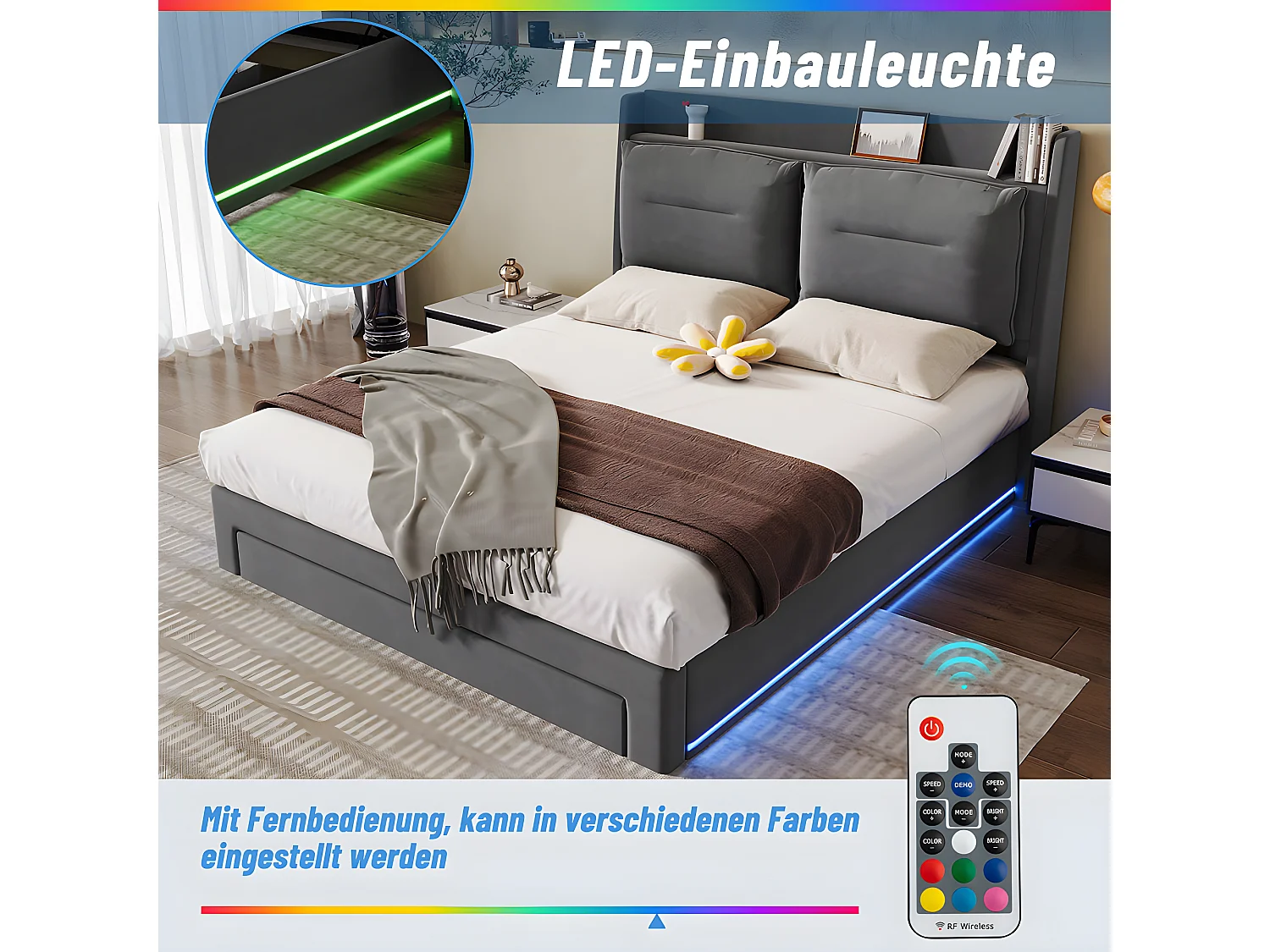 Lit coffre Lit adulte 160x200 cm 2 en 1 tiroirs de rangement LED encastrées de chaque côté du lit velours gris foncé