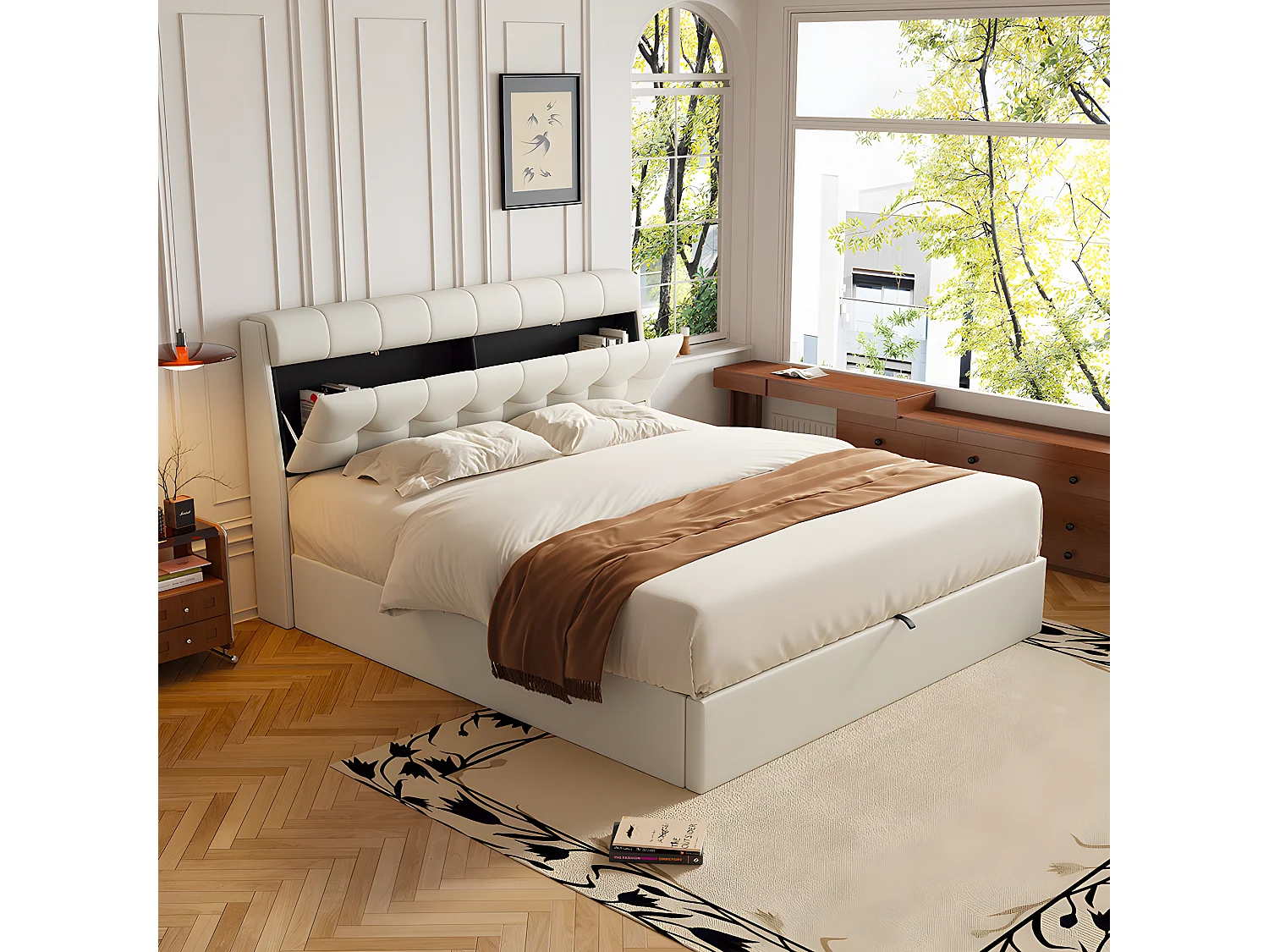 Lit coffre Lit 140x200 cm lit hydraulique rangement tête de lit caché avec sommier à lattes PU Beige