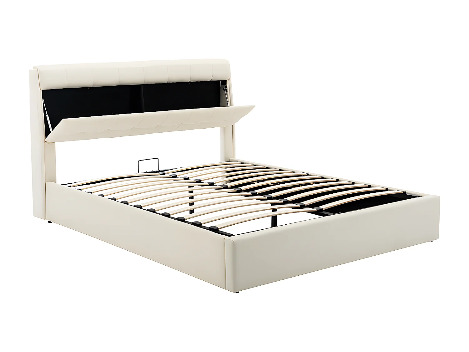 Lit coffre Lit 140x200 cm lit hydraulique rangement tête de lit caché avec sommier à lattes PU Beige