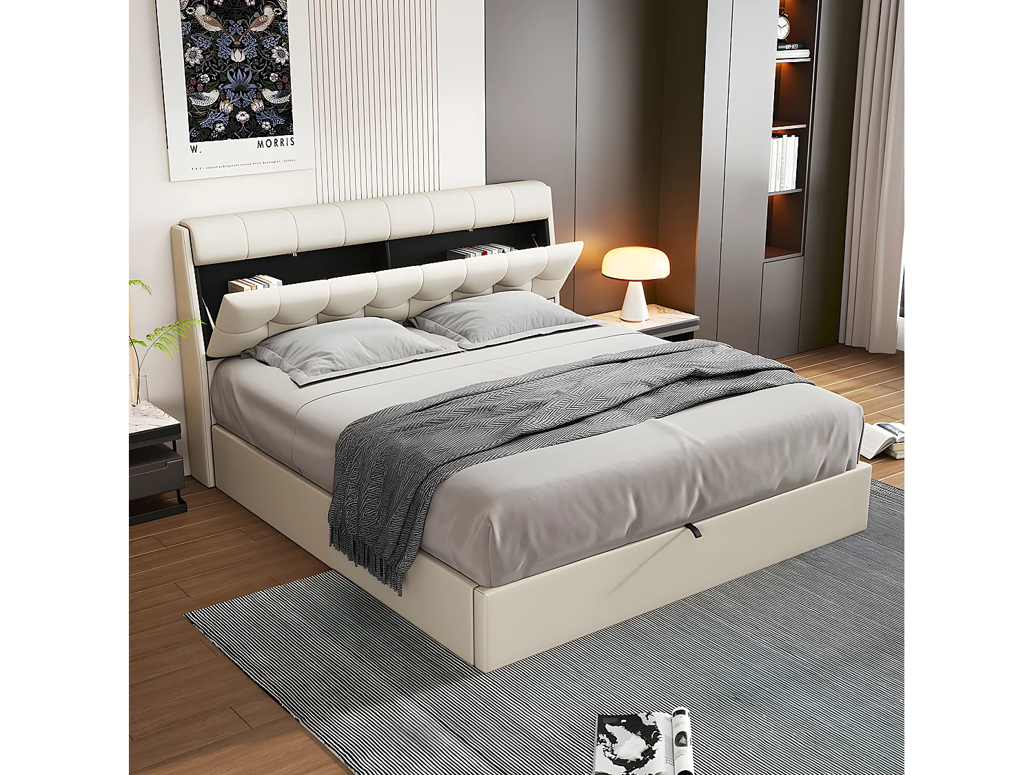 Lit coffre Lit 140x200 cm lit hydraulique rangement tête de lit caché avec sommier à lattes PU Beige