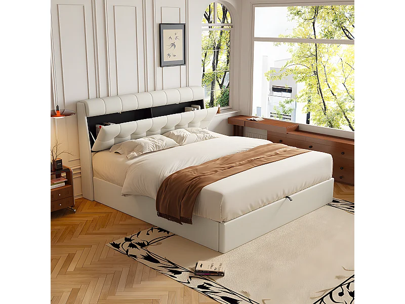 Lit coffre Lit 140x200 cm lit hydraulique rangement tête de lit caché avec sommier à lattes PU Beige