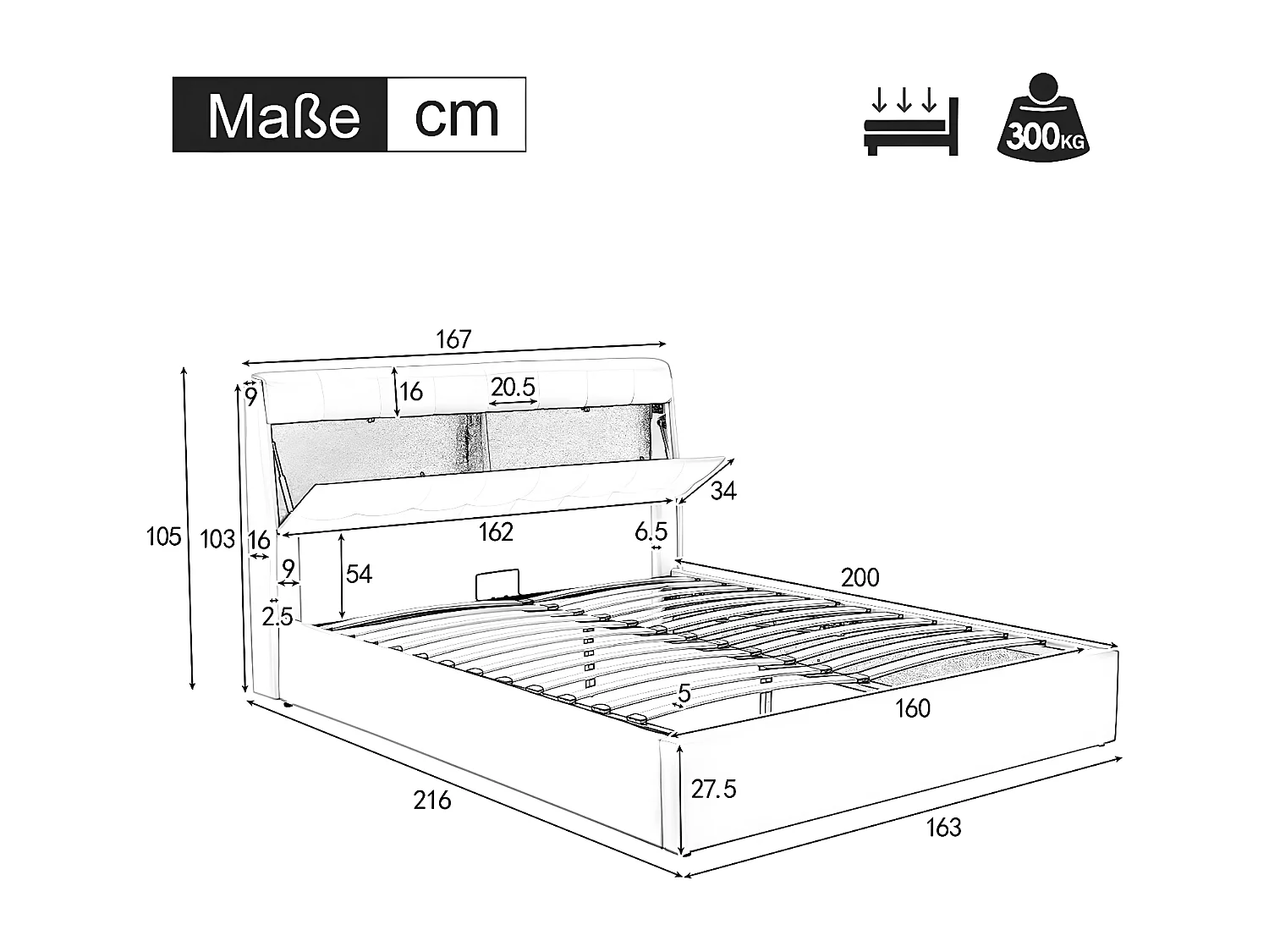 Lit coffre Lit 160x200 cm lit hydraulique rangement tête de lit caché avec sommier à lattes PU Beige