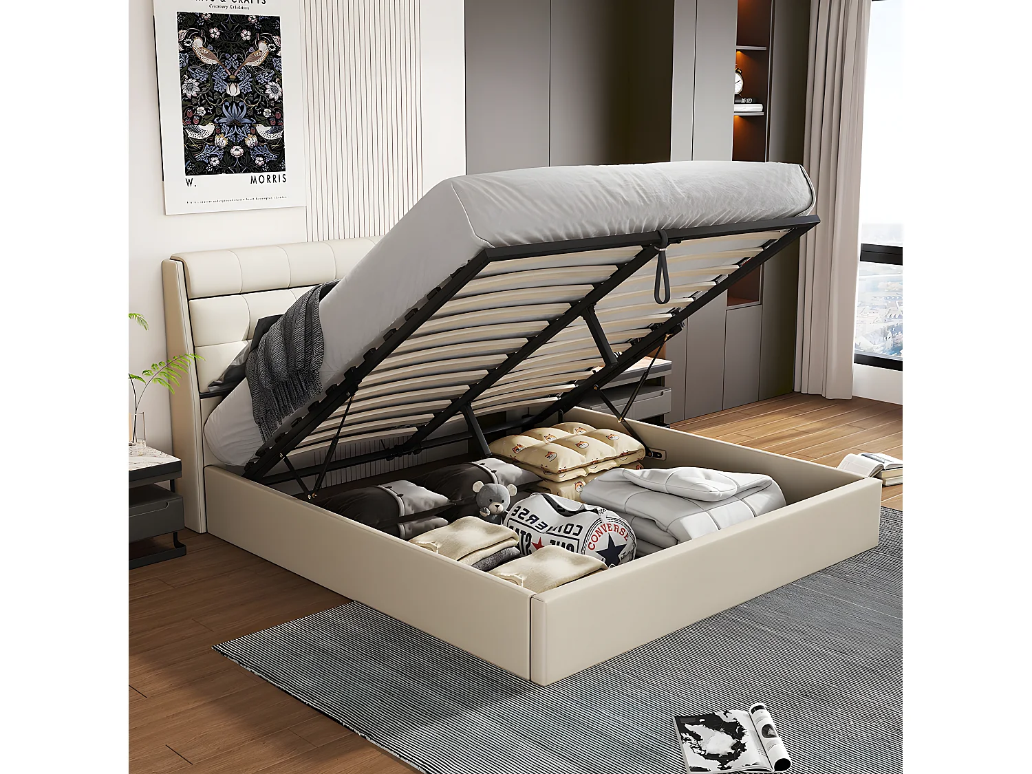 Lit coffre Lit 160x200 cm lit hydraulique rangement tête de lit caché avec sommier à lattes PU Beige