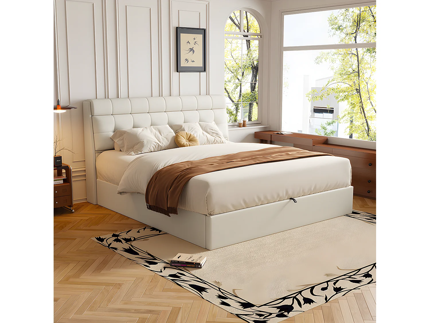 Lit coffre Lit 160x200 cm lit hydraulique rangement tête de lit caché avec sommier à lattes PU Beige