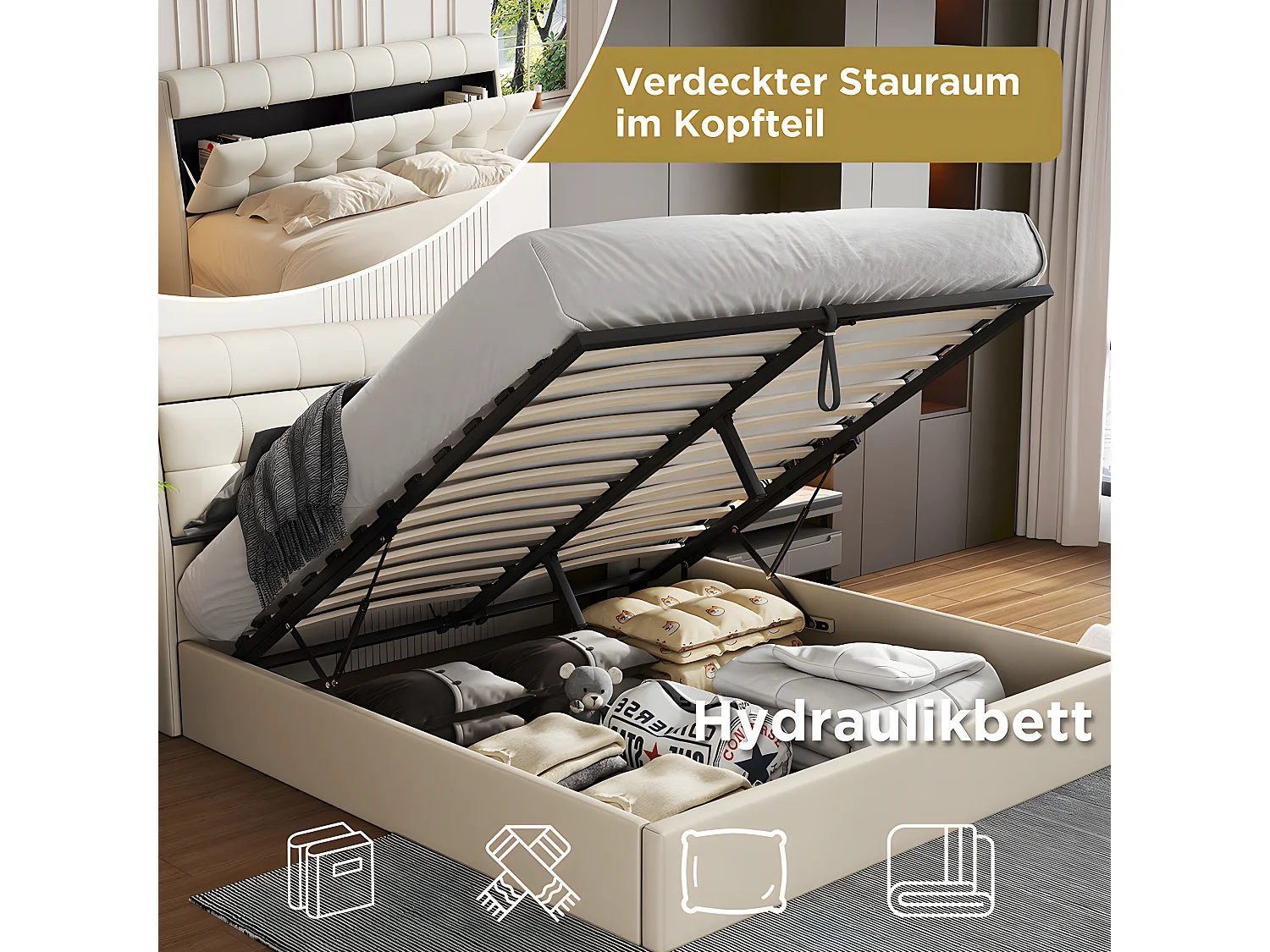 Lit coffre Lit 160x200 cm lit hydraulique rangement tête de lit caché avec sommier à lattes PU Beige