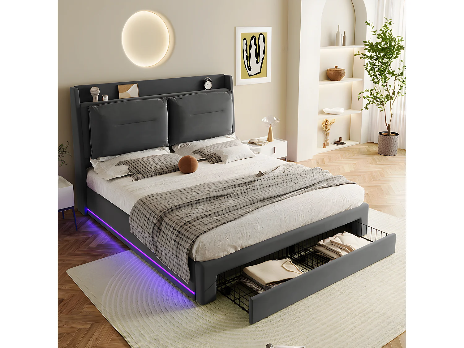 Lit coffre Lit adulte 140x200 cm 2 en 1 tiroirs de rangement LED encastrées de chaque côté du lit velours gris foncé