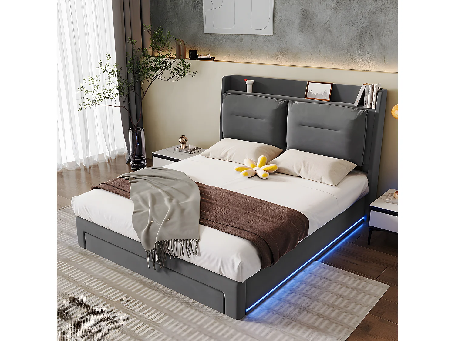 Lit coffre Lit adulte 140x200 cm 2 en 1 tiroirs de rangement LED encastrées de chaque côté du lit velours gris foncé