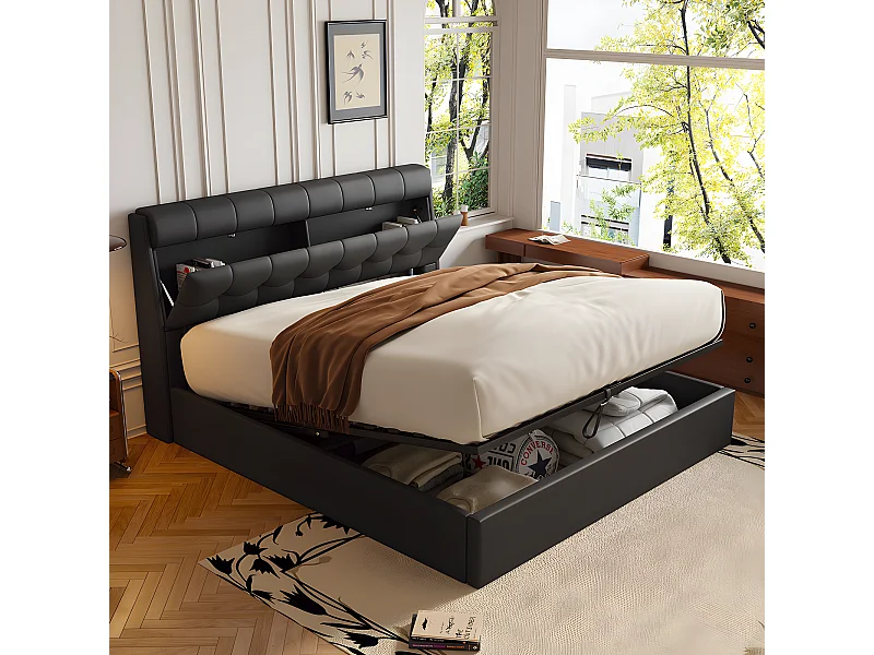 Lit coffre Lit 90x200 cm lit hydraulique rangement tête de lit caché avec sommier à lattes PU Noir