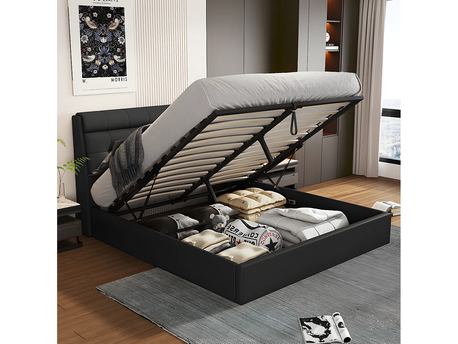 Lit coffre Lit 90x200 cm lit hydraulique rangement tête de lit caché avec sommier à lattes PU Noir