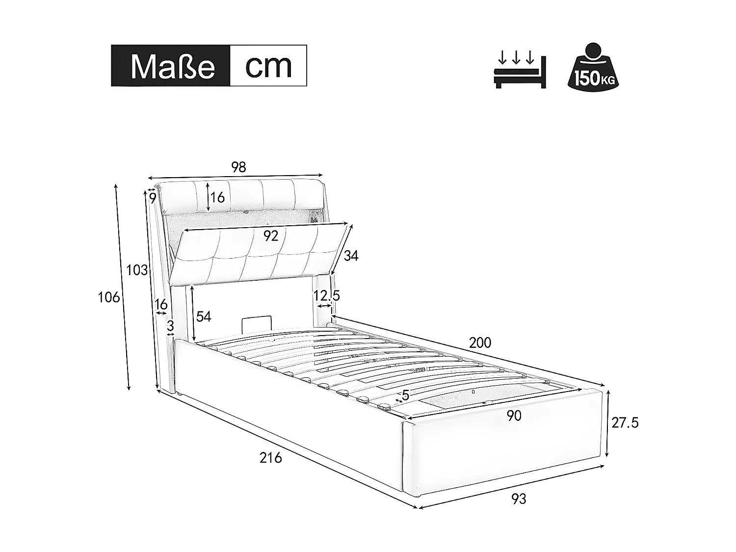 Lit coffre Lit 90x200 cm lit hydraulique rangement tête de lit caché avec sommier à lattes PU Noir