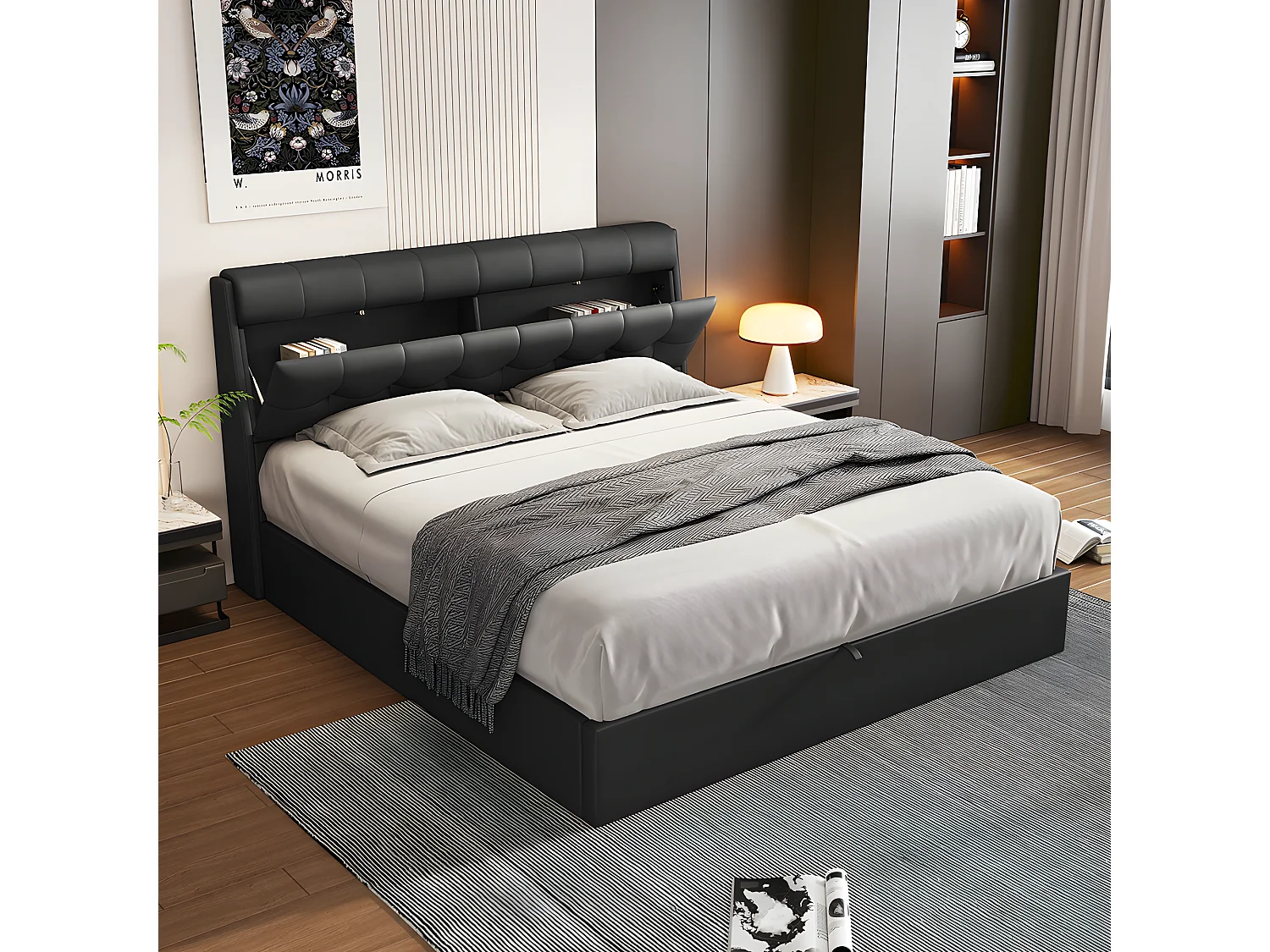 Lit coffre Lit 90x200 cm lit hydraulique rangement tête de lit caché avec sommier à lattes PU Noir