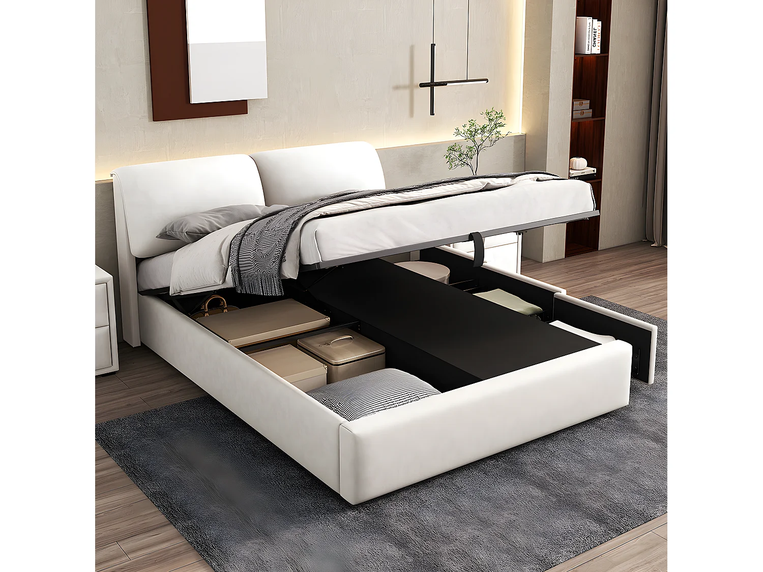 Lit coffre Lit 140x200 lit avec trois tiroirs sommier à lattes Lit adulte velours blanc