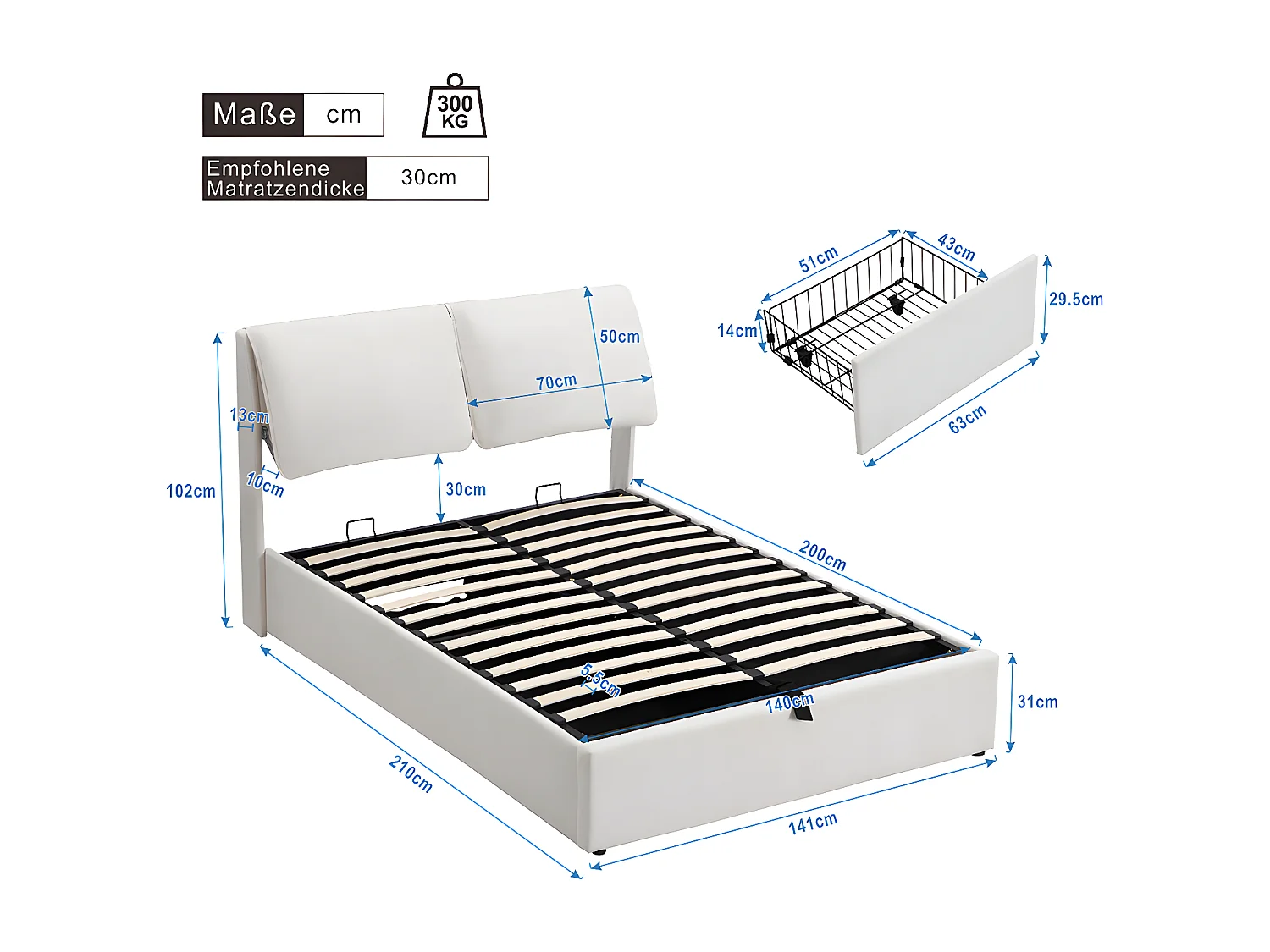 Lit coffre Lit 140x200 lit avec trois tiroirs sommier à lattes Lit adulte velours blanc