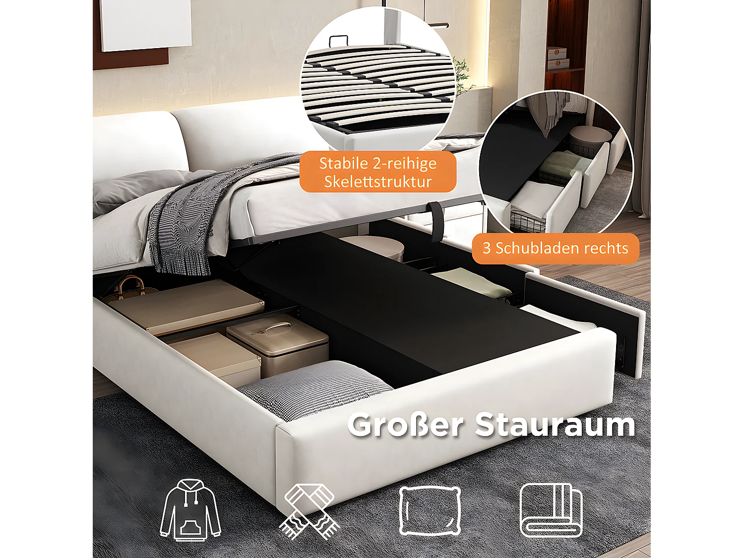 Lit coffre Lit 140x200 lit avec trois tiroirs sommier à lattes Lit adulte velours blanc