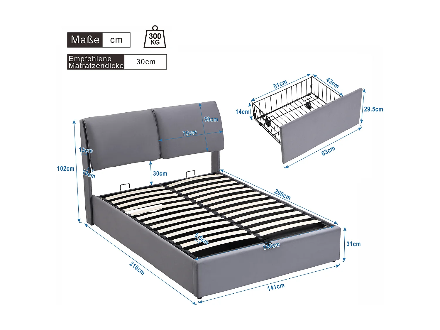 Lit coffre Lit 140x200 lit avec trois tiroirs sommier à lattes Lit adulte velours gris