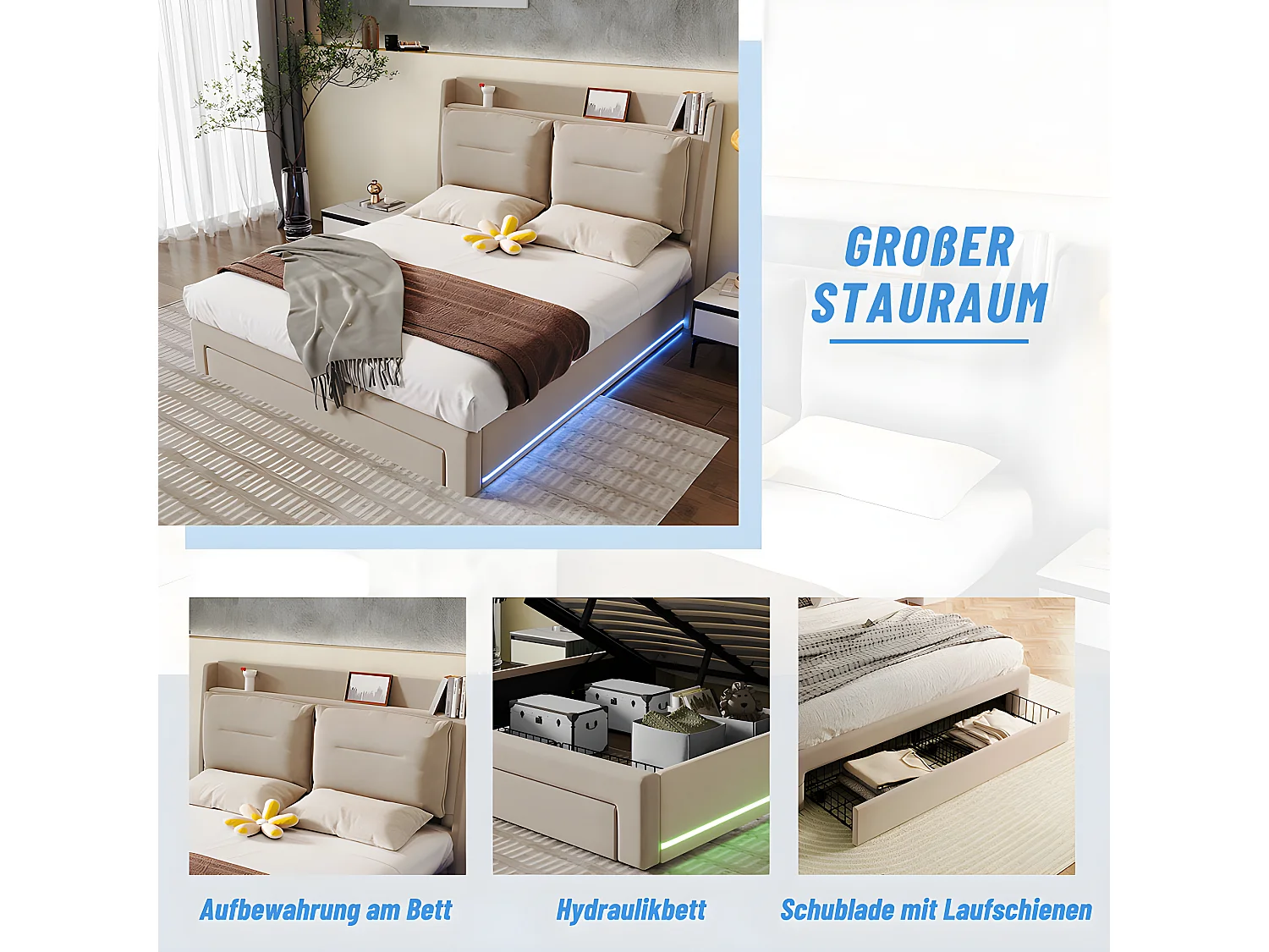 Lit coffre Lit adulte 160x200 cm 2 en 1 tiroirs de rangement LED encastrées de chaque côté du lit velours beige