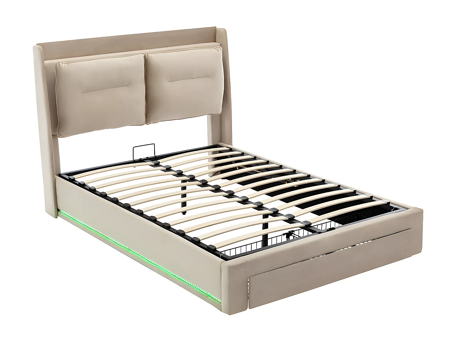 Lit coffre Lit adulte 160x200 cm 2 en 1 tiroirs de rangement LED encastrées de chaque côté du lit velours beige