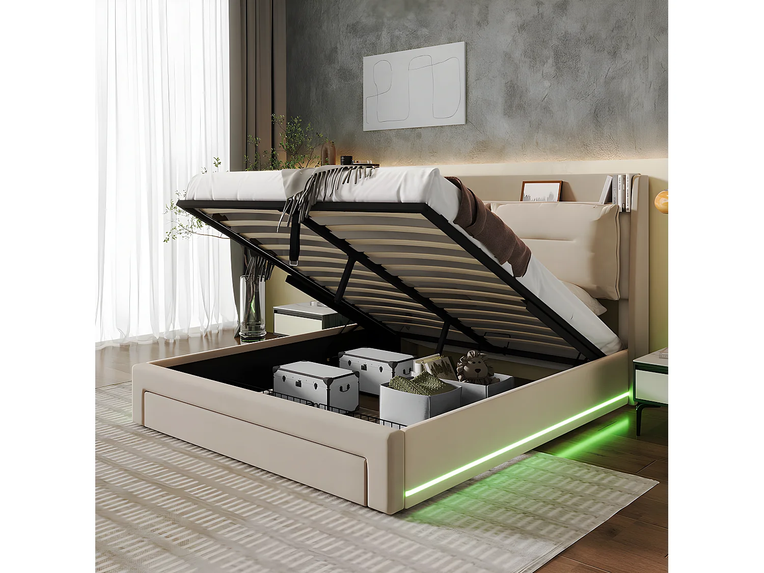 Lit coffre Lit adulte 160x200 cm 2 en 1 tiroirs de rangement LED encastrées de chaque côté du lit velours beige