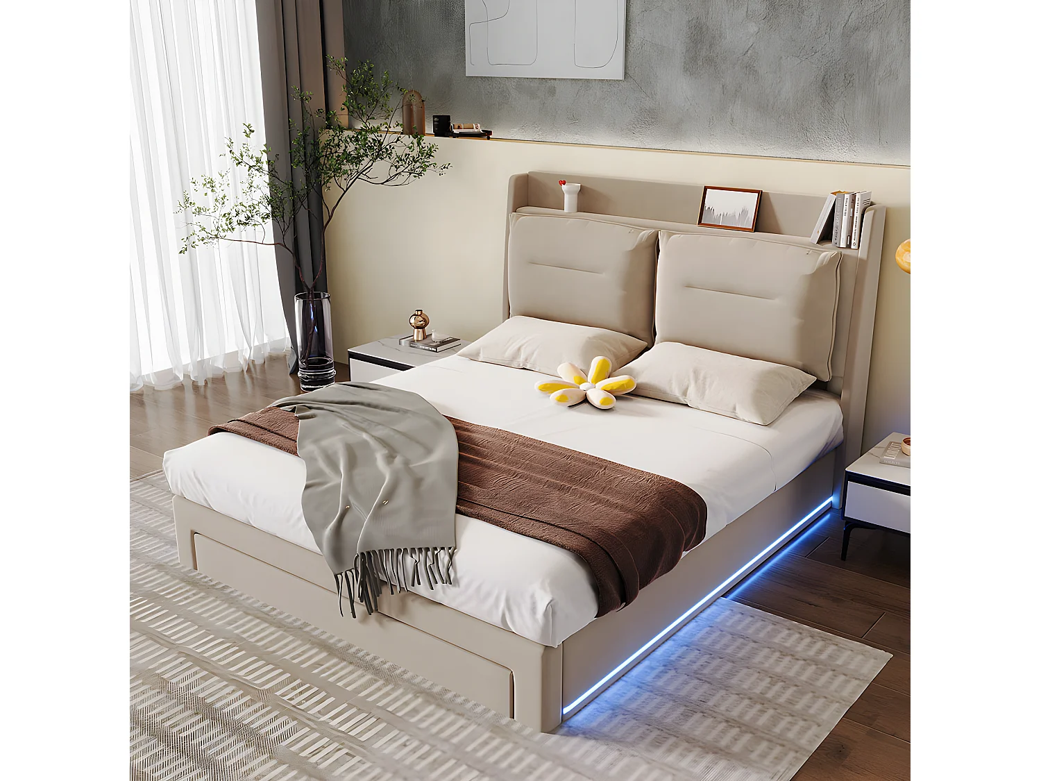 Lit coffre Lit adulte 160x200 cm 2 en 1 tiroirs de rangement LED encastrées de chaque côté du lit velours beige