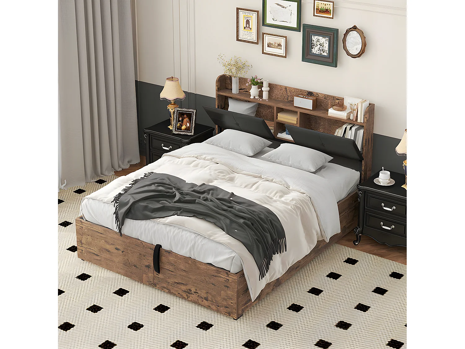 Lit coffre Lit 140 x 200 cm lit double avec tête de lit de rangement et sommier métallique Pour adultes enfants adolescents Noir