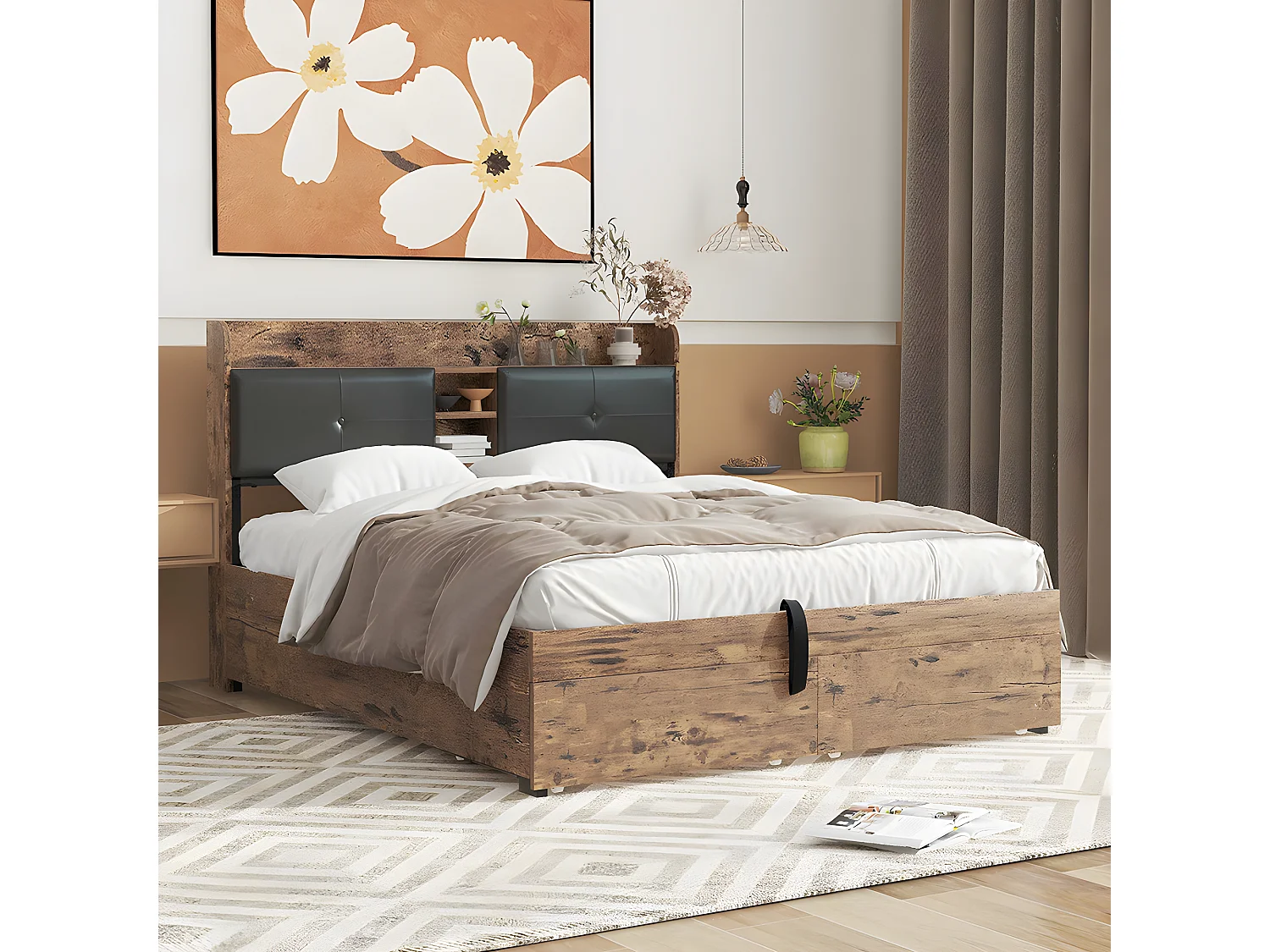 Lit coffre Lit 140 x 200 cm lit double avec tête de lit de rangement et sommier métallique Pour adultes enfants adolescents Noir