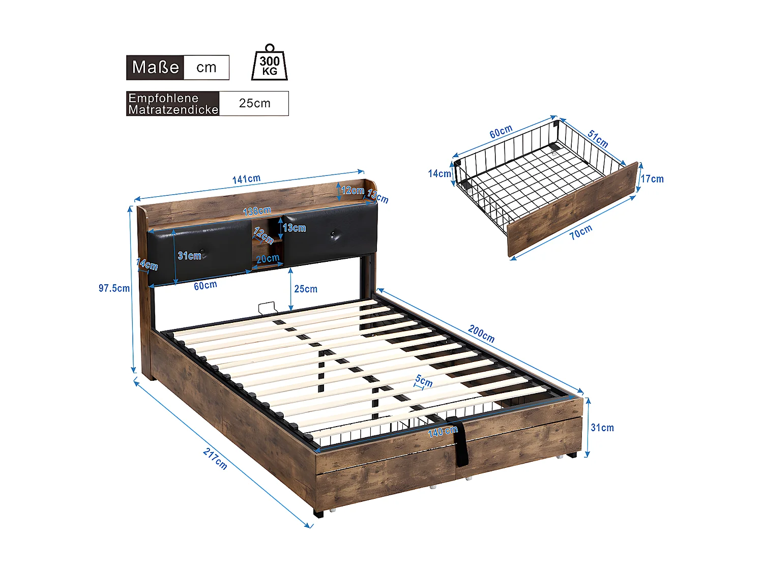 Lit coffre Lit 140 x 200 cm lit double avec tête de lit de rangement et sommier métallique Pour adultes enfants adolescents Noir