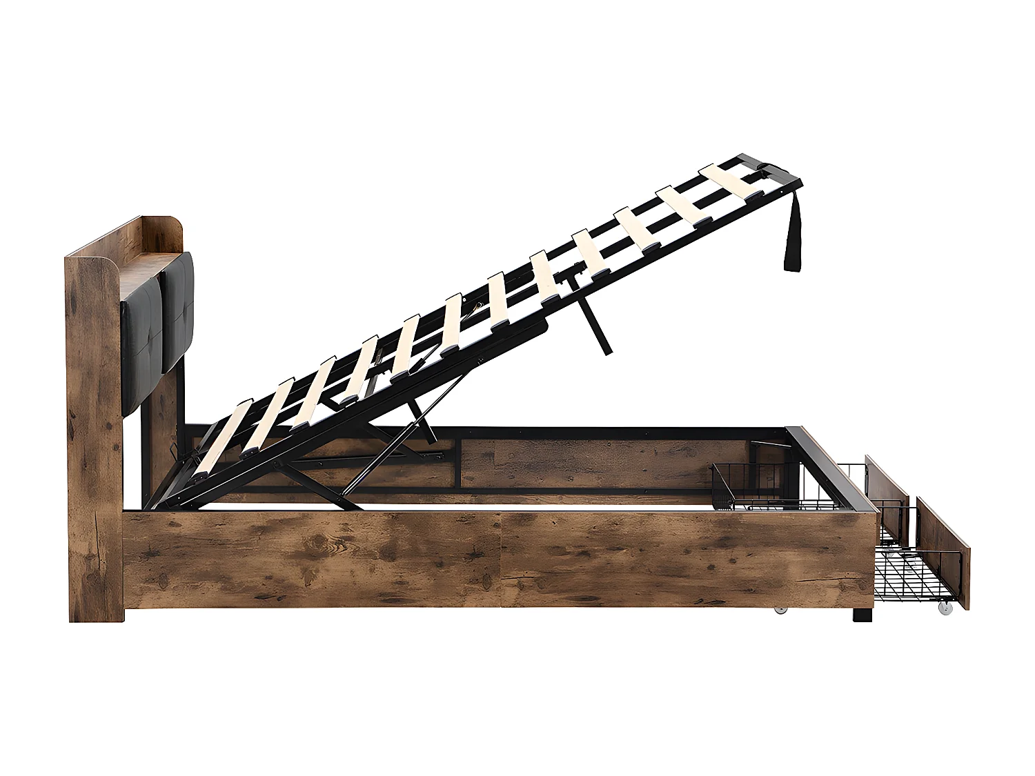 Lit coffre Lit 140 x 200 cm lit double avec tête de lit de rangement et sommier métallique Pour adultes enfants adolescents Noir