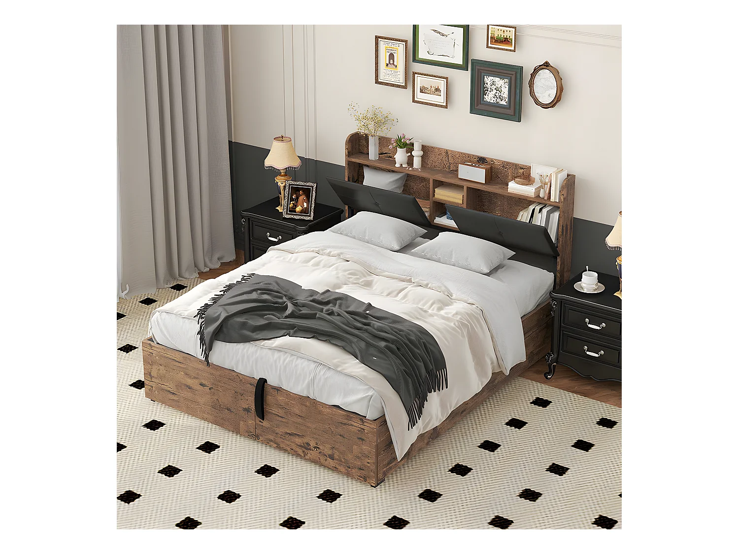 Lit coffre Lit 140 x 200 cm lit double avec tête de lit de rangement et sommier métallique Pour adultes enfants adolescents Noir