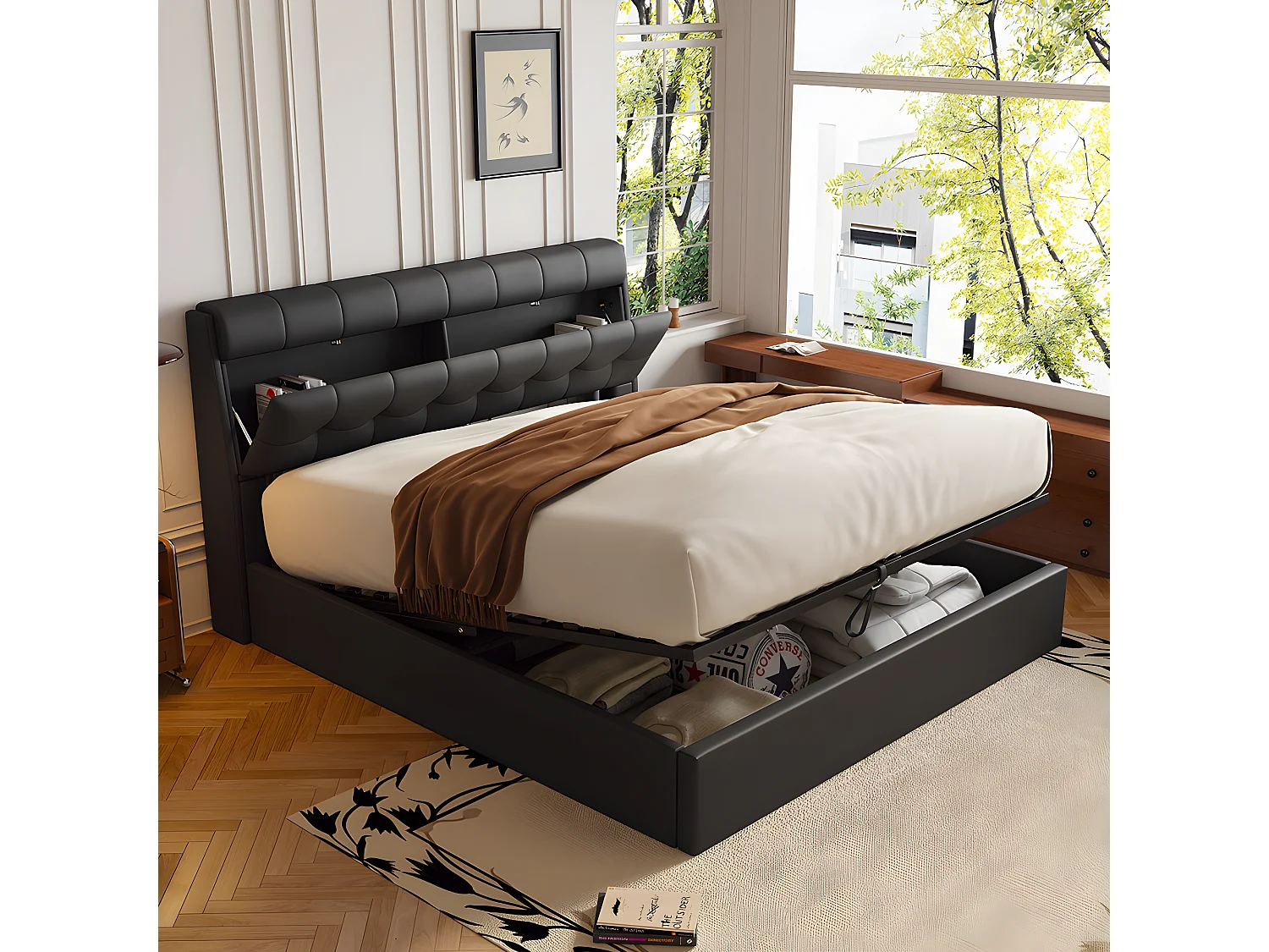 Lit coffre Lit 160x200 cm lit hydraulique rangement tête de lit caché avec sommier à lattes PU Noir