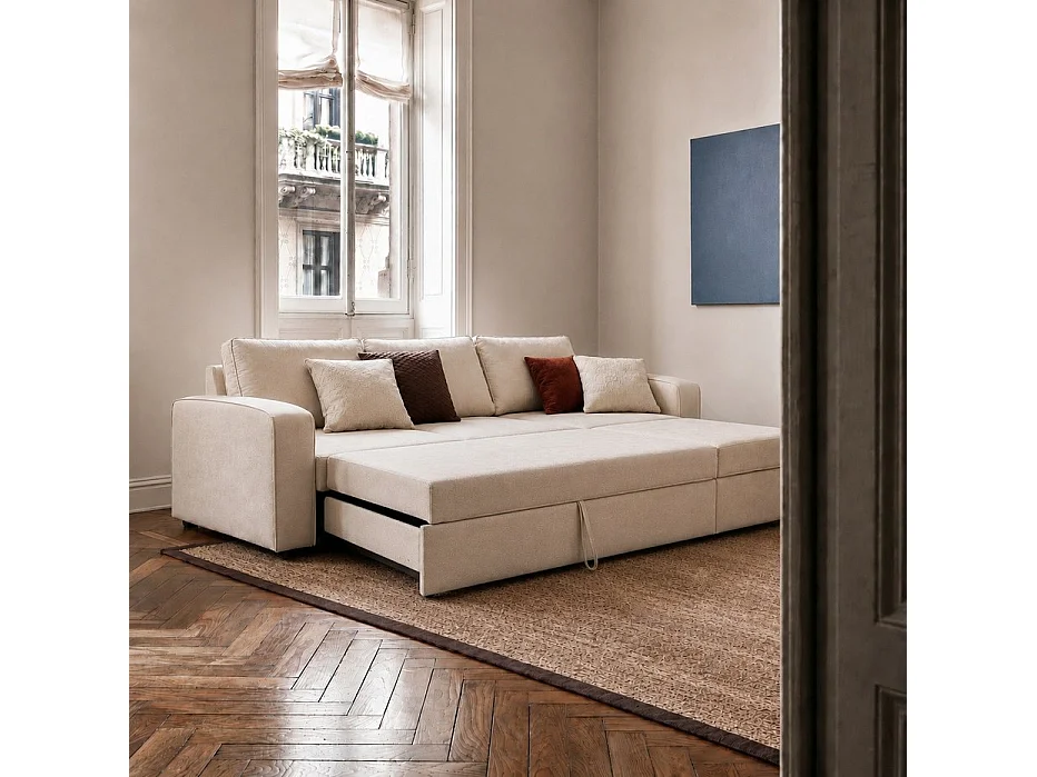 Divano con penisola testo, schiuma pu, legno e pannello a particelle Beige 157x88