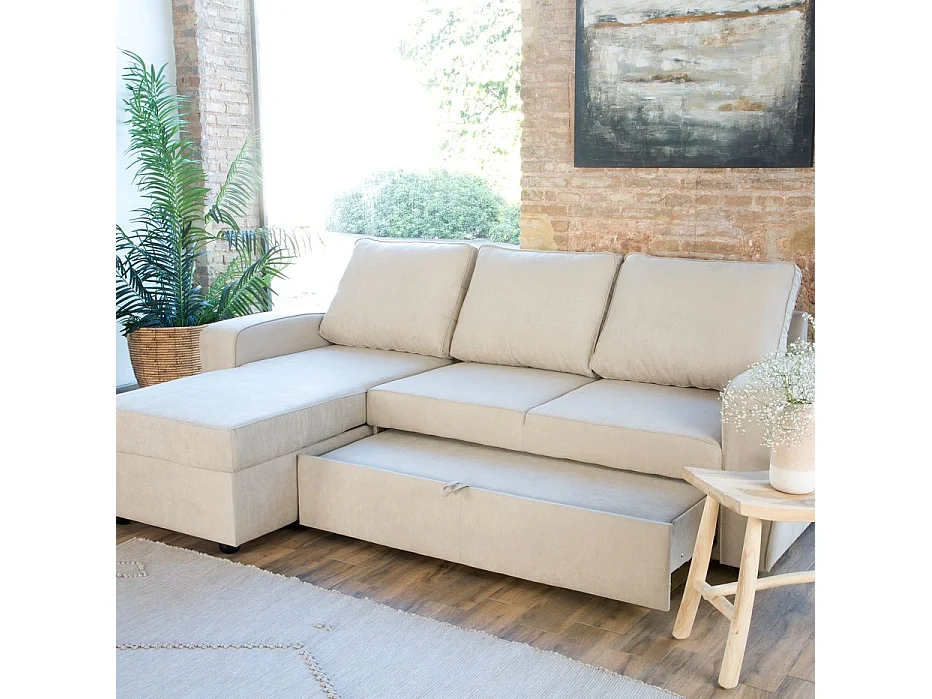 Divano con penisola testo, schiuma pu, legno e pannello a particelle Beige 157x88