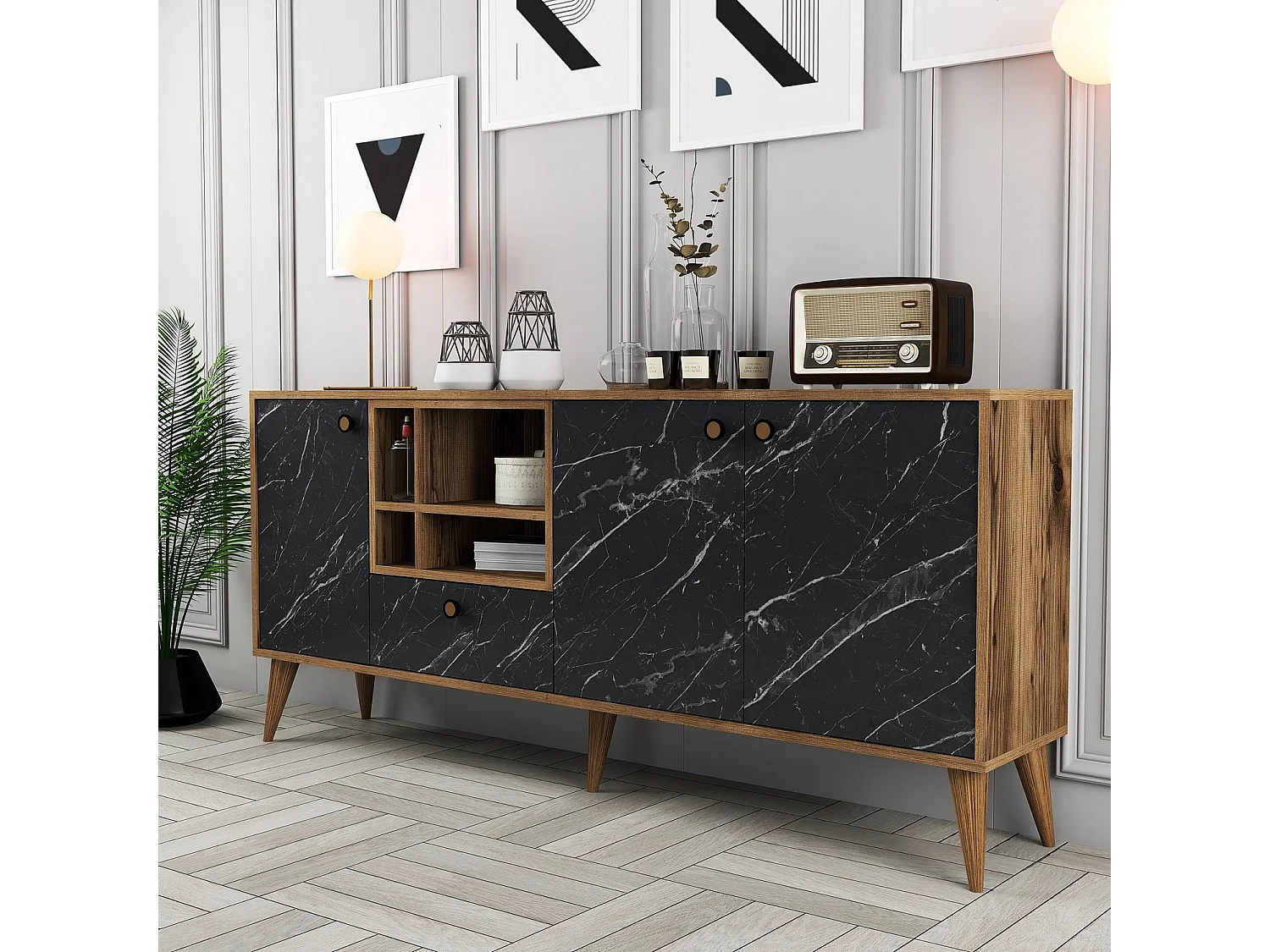 Elegant dressoir – 180 x 81 x 35 cm – Zwart en walnoot – Spaanplaat met melamine coating