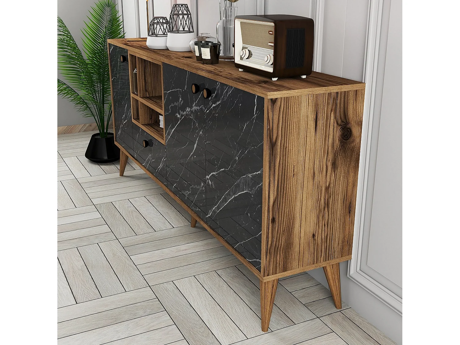 Elegant dressoir – 180 x 81 x 35 cm – Zwart en walnoot – Spaanplaat met melamine coating