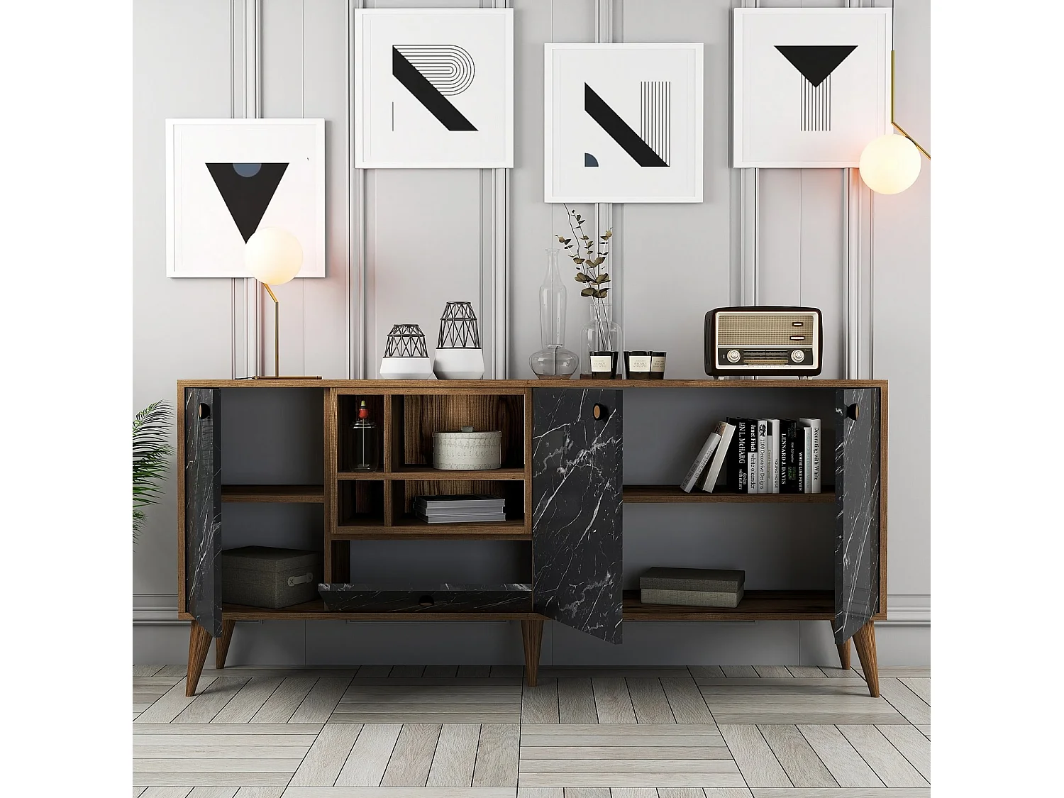 Elegant dressoir – 180 x 81 x 35 cm – Zwart en walnoot – Spaanplaat met melamine coating