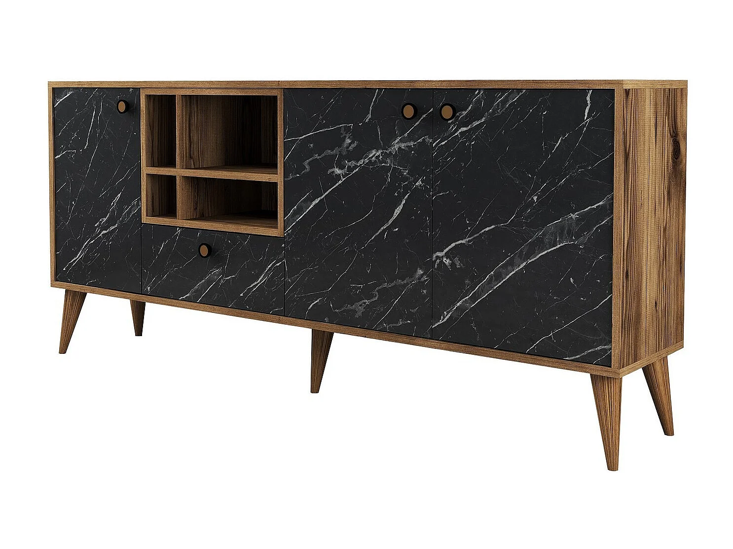 Elegant dressoir – 180 x 81 x 35 cm – Zwart en walnoot – Spaanplaat met melamine coating