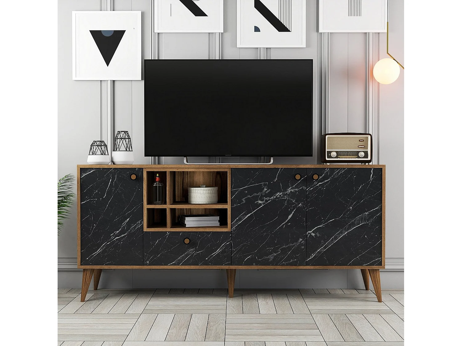 Elegant dressoir – 180 x 81 x 35 cm – Zwart en walnoot – Spaanplaat met melamine coating